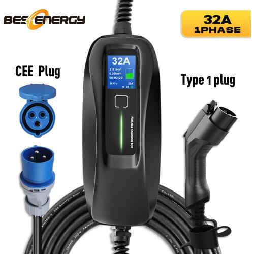 Type 1 EV Charger Level 2 32Amp EVSE Portable Electric Vehicle Charger, CEE Plug 220V-240V Holder Car Charging Cable, SAE J1772