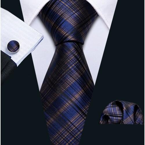 Blue Plaid Fashion Men Tie Necktie Gravat Handkerchief Set Silk Ties For Men Party Business Gift Barry.Wang Designer FA-5209