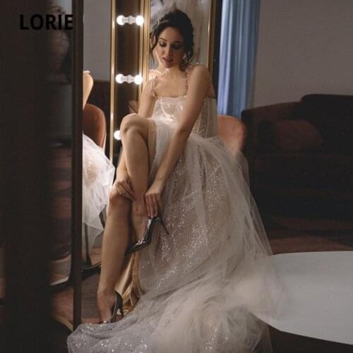 LORIE Champagne Wedding Dresses Glitter Spaghetti Strap Sparkly Wedding Gown Sequin Girl Wedding Party Bride Dress 2021