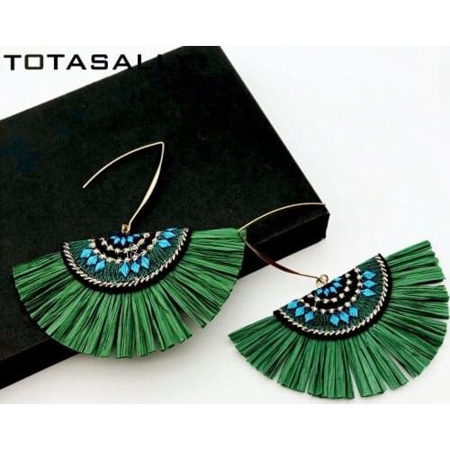 TOTASALLY Bohemian Raffia Fan Drop Earrings Embroidery Handmade Womens Earrings tribe Girls Gifts Dropship Jewelry