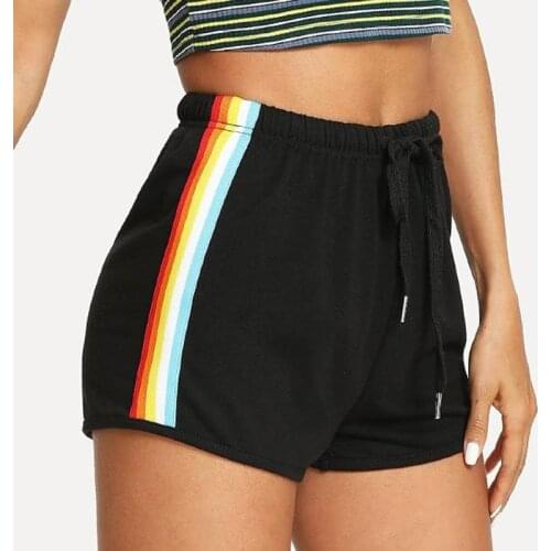 Striped Side Drawstring Shorts Summer Elastic Waist Athleisure Shorts Women Black Mid Waist Sporting Shorts