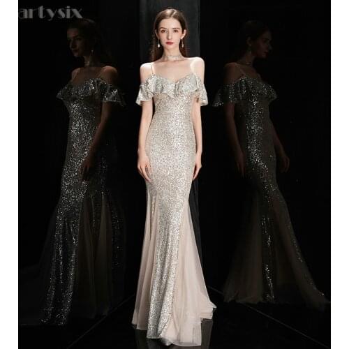 Partysix Off Shoulder V-Neck Party Gowns Gold Glitter Long Evening Gowns Female Banquet Mermaid Dresses