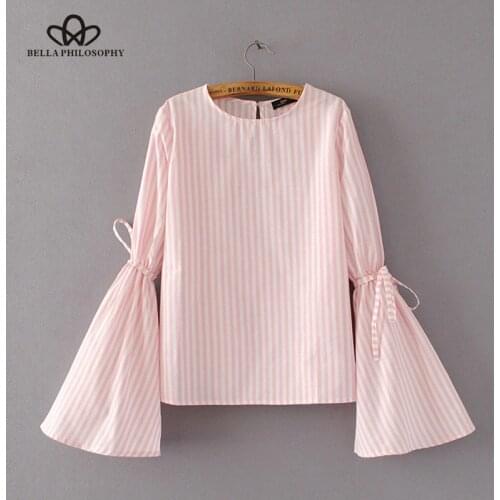 Bella Philosophy new spring/summer women blue pink striped flares sleeve with bow tie shirt blouse