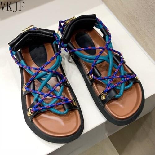 Runway Thick Sole Cross-tied Summer Sandals Women Weave Sandals Woman Mixed Color Sandals Woman Summer Shoes