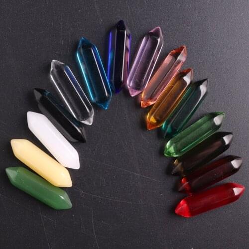 24pcs Natural Mixed Gem Stone Hexagonal Column Healing Pointed Reiki Chakra No Drilling Hole Bead for Ring Pendant Jewelry Free