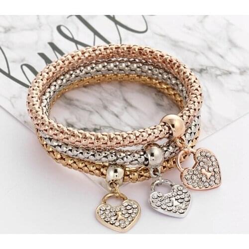 3pcs/set Popcorn Chain Bracelets Rose Gold Silver Color Elastic Heart Love Locket Charm Pendant CZ Crystal Bracelet For Women