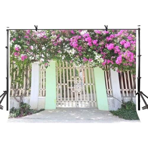 7x5ft Beautiful Scenery Backdrop Green Tree Red Wood Door View Photography Background and Studio Photography Backdrop Props