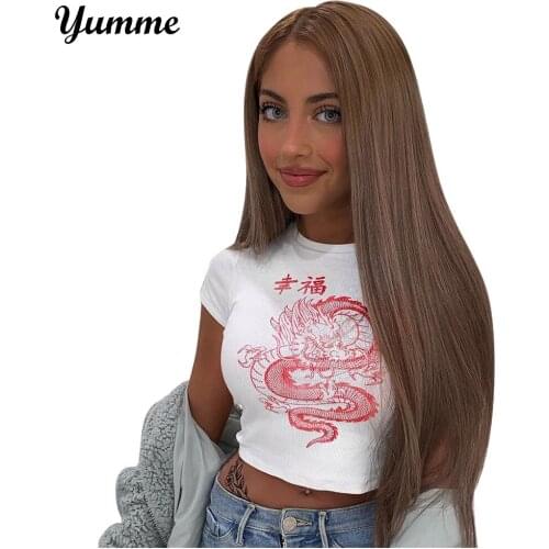 White Chinese Character Dragon Print T-Shirt Women Casual Cotton Tank Tee Tops Girls Streetwear Style Fashion Joker Top #BL3