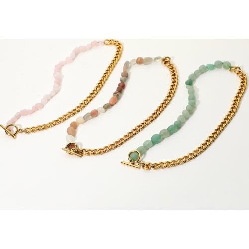 Half Natural Stone Chain Half 18k Gold Plated Stainless Steel Cuban Chain OT Stick Buckle Chokers Necklace For Women