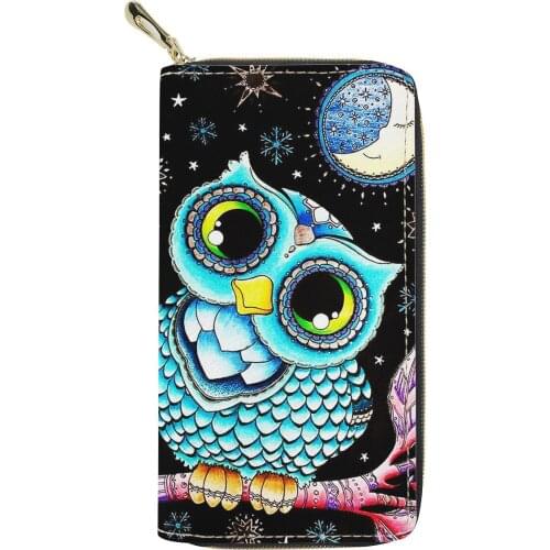 Black Womens Wallet PU Leather Female Coin Purses Cute Owl Print Zipper Long Wallet Ladies Cartoon Money Bag Phone Card Holder