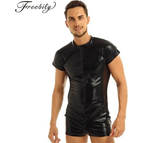 FREEBILY Black Mens Patent Leather Short Sleeves Body Suit Front Zipper Stand Collar One-piece Leotard Bodysuit with Mesh Side