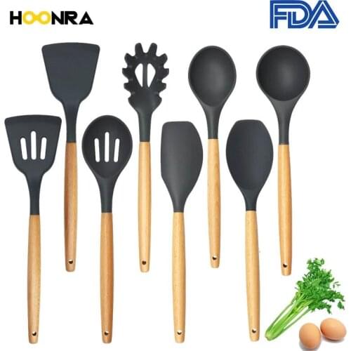 HOONRA 8Pcs Food Grade Silicone Kitchen Utensils Set Non-stick Cooking Tools Silicone Utensil Set Spatula ladle Slotted Turner