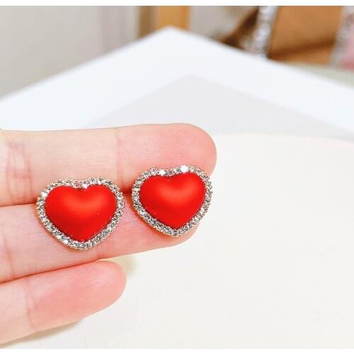 Classic Fashion Crystal Heart-shaped Stud Earrings for Women Girls Red White Simulation Pearl Earrings Wedding Party Jewelry