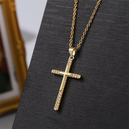 Classic Cubic Zirconia CZ Copper Metal Cross Necklaces Pendants For Women Fashion Gold Color Stainless Steel Chain Necklace Gift