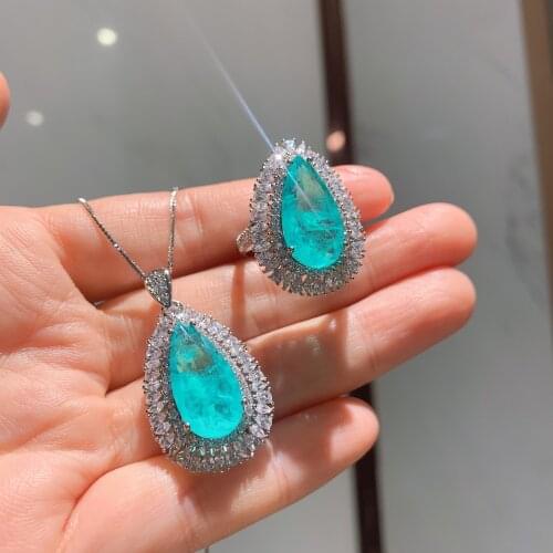 QTT Luxury Paraiba Tourmaline Gemstone Jewelry Sets Classic Water Drop Necklace Ring Set 925 Sterling Silver Wedding Gift