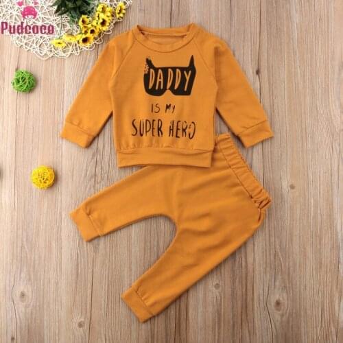 Printing Cartoon Daddy Is My Superhero Patterns Newborn Kids Baby Boy Girl Clothes Outfit Top and Pants Set