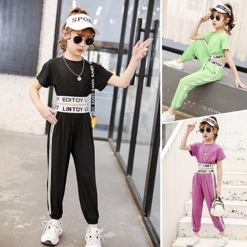 Teens girls Clothes Set New Sport Style Letters Print Two Piece Crop Top Pant Set Purple Green Sports Suit Korea for Children