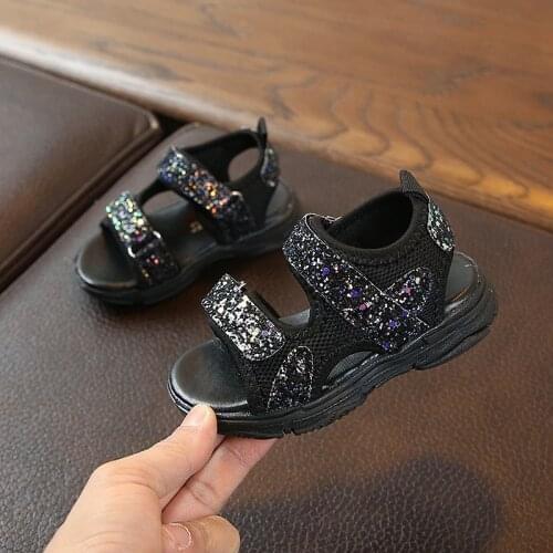 Summer Breathable Little Girls Sandals Toddlers Sweet Style Sequins Mesh Decoration Soft Sole Non-slip Beach Shoes
