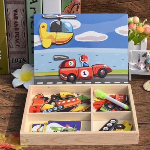 2 In 1 Magnetic Ttransportation Wooden Puzzle With Drawing Board Educational Toys For Children Magnets Traffic 3d Puzzles Toy
