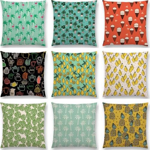 Cute Mini Fruits Pattern Avocado Banana Lemons Oranges Pineapple Palm Trees Tropical Beautiful Cushion Cover Sofa Pillow Case