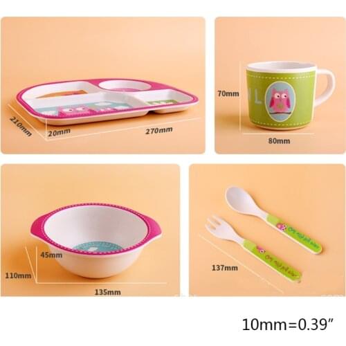 J60B 5 Pcs Bamboo Fiber Kids Tableware Set Division Sections Dinner Plate+Bowl+Spoon+Fork+Water Cup Kit