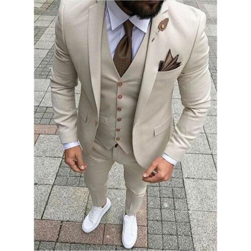 Latest Coat Pant Designs Beige Men Suit Prom Tuxedo Slim Fit 3 Piece Groom Wedding Suits For Men Custom Blazer Terno Masuclino