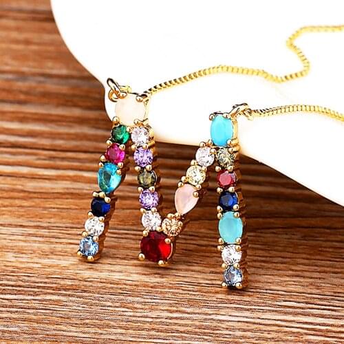 Rainbow Initial Copper CZ Necklace Statement 26 Letter Pendants For Women Accessories Gold Color Chain Name Necklace Jewelry