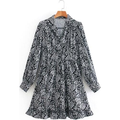 Long sleeve ladies print dress loose casual street dress ruffled V-neck retro dress