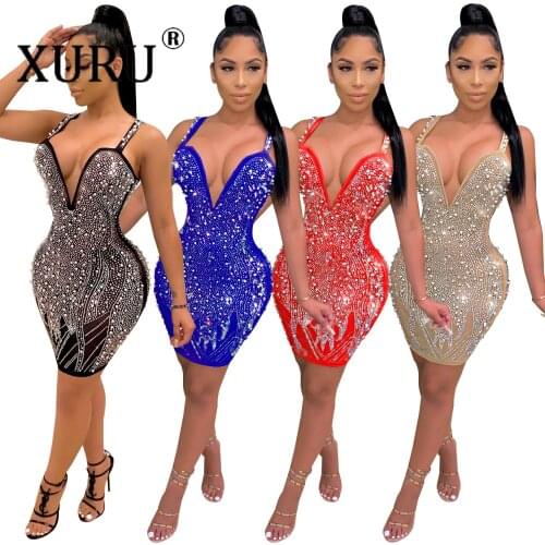 XURU Sexy Sling Hot Rhinestone Dress Bubble Beads V-Neck Nightclub Party Dress Hot New Style Dress In Europe and America