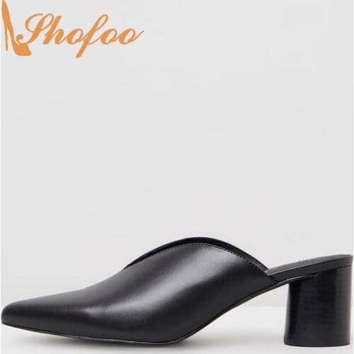 Shofoo Black Pointed Toe High Stilettos Sandals Woman Square Heels Slides Large Size 11 13 Ladies Summer Shoes Slip On Mature