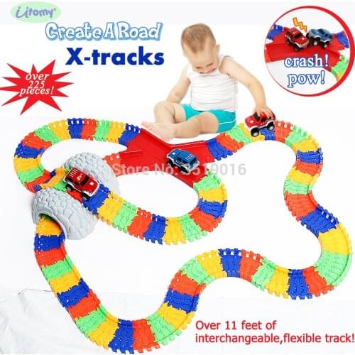 Create A Road bend Flexible X Track,Mentally Stimulating and Employs Tactile Engagement, Fully Customizable, with 2 cars,tunnel