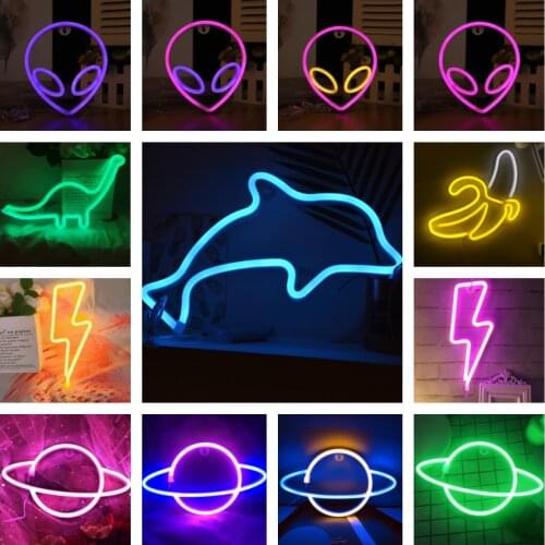 LED Neon Light Wall Art Neon Sign Bedroom Decor Banana Dolphin Alien Planet Lightning Hanging Night Lamp Home Party Decor