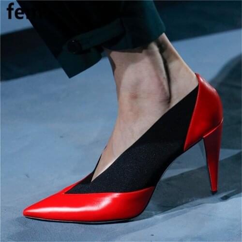 High Heels Pointed Toe V Style Woman Pumps Big Size Women Genuine Leather Party Shoes Thin Heels Desinger Shoes Slip On Mix Colo
