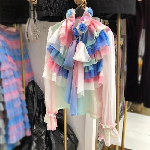 VERDEJULIAY Runway Fashion Women Blouse 3D Flower Bow Ruffles Flower Print Pink Black White Elegant Party Holiday Blouse