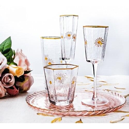 Japanese Hammered Small Daisy Golden Rim Hexagonal Glass Creative Champagne Glass Whiskey Red Wine Glass Home Net Red