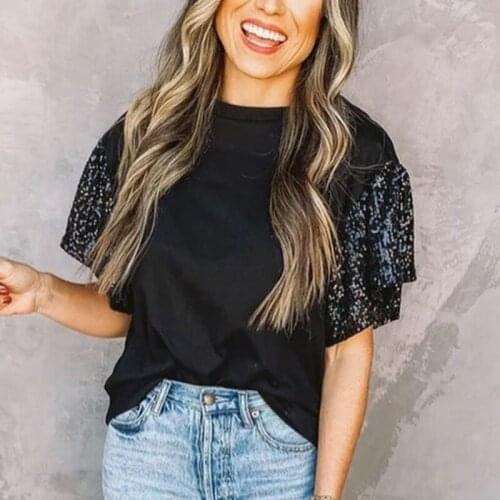 Womans Sequin Stitching Round Neck T Shirt Casual Fashion Loose Solid Pullover T-shirt Women New Ruffle Short Sleeve T-Shirts