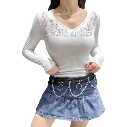 Female T-Shirt Rhinestones Round Neck Long Sleeve Pullover Blouse for Spring Fall, White/Gray, S/M/L