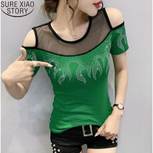 Women Mesh Blouse Spliced Cotton Shirt Diamonds Short Sleeve Blouse 2021 Summer New Off-shoulder Shirt Sexy Clothes Tops 14056