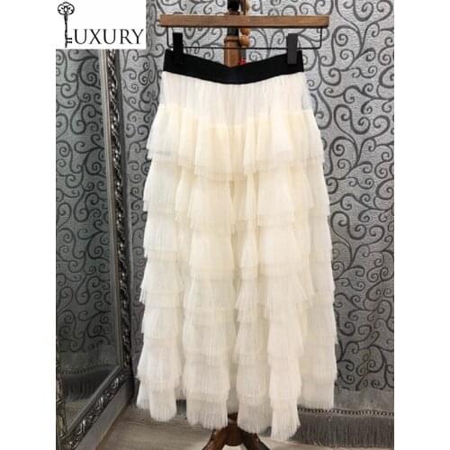 Quality 2020 Summer High Style Women Elastic Waist Cascading Ruffle Mesh Patchwork Mid-Calf Length Casual Club Skirts