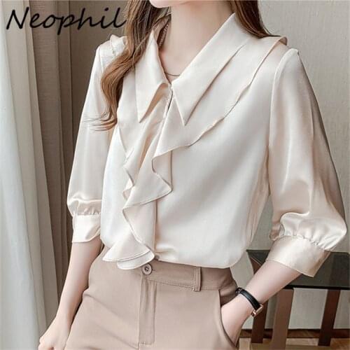 Neophil Summer Ruffles Chiffon Lapel Shirts For Women Fashion Solid Pullover Tops Elegant Lady Official Tops Blusas Roupa B21549