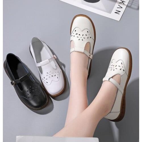 Spring Summer Mary Jane Flats For Women Genuine Leather Shoes Woman Hollow out Casual Flats Female Buckle Strap Footwear Tilocow