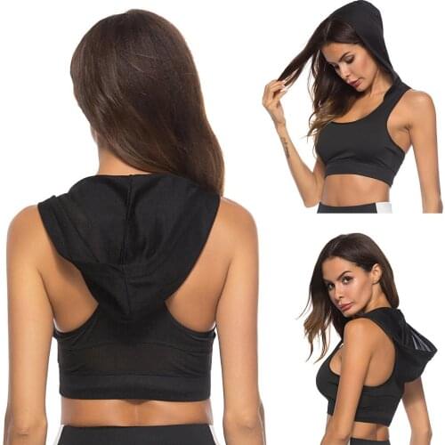 Women Quick Dry Elastic Racerback Fitness Yoga Sports Bra Hooded Vest Crop Top