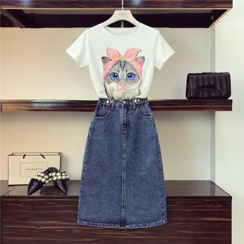 Women2 Piece Set Sequined Cat Cotton Tshirts + Jeans Clothing 2 Piece Set Girls Cartoon Pattern Top Tee Pocket Denim Skirt Suits