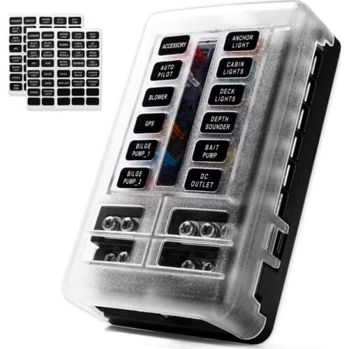 12-Way Fuse Box Blade Fuse Block Holder Screw Nut Terminal W/Negative Waterpoof Cover for Automotive Car Marine Boat