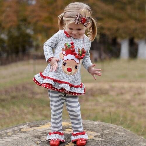 Christmas Deer Baby Girls 2PCS Clothes Suits Cute Reindeer Girl T-Shirts Stripe Pants Clothing Set Children Costumes Jumper 1-5Y