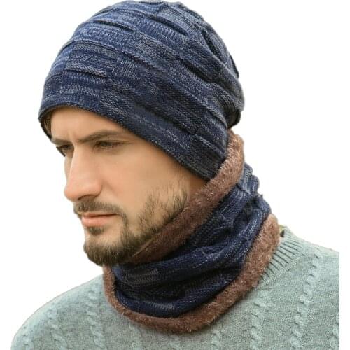 2Pcs/Set Men Winter Knitted Soft Plush Lining Beanie Hat Cap Scarf Neck Warmer
