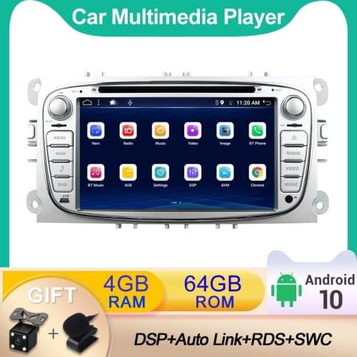 7" Car Radio Stereo Player Silver DSP Carplay DVD CD DAB BT WIFI Android 10.0 For Ford Focus/S-MAX/Kuga 4GB+64GB Free Mic Camera