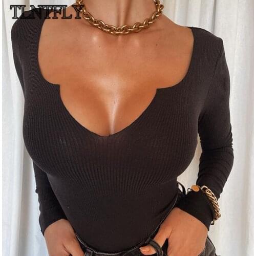 TLNTFLY Sexy Ribbed Solid Color High Waist Low Cut Long Sleeve Bodysuit Women Skinny Lingerie Bottoming Top Autumn Streetwear