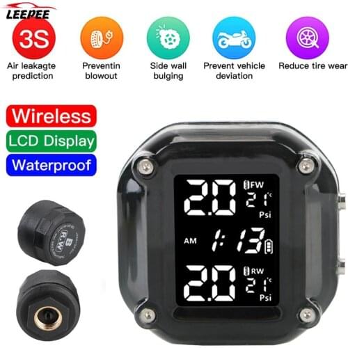 Motor Tire Pressure Monitoring Alarm System With 2 External Sensors LCD Display Motorcycle TPMS Tyre Temperature Wireless