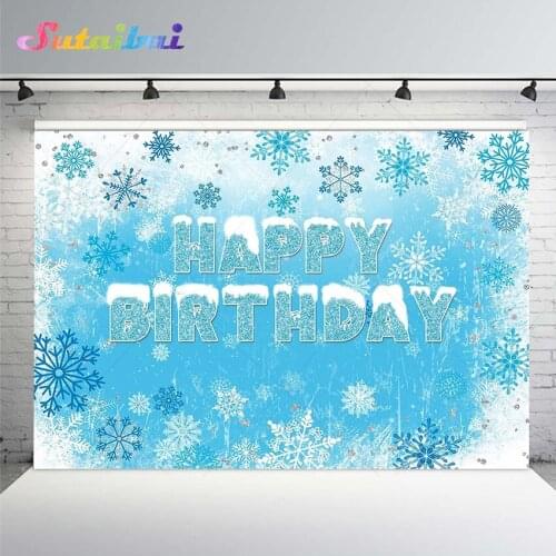 Frozen Happy Birthday Party Backdrop Banner Winter Snowflake Blue Kids Adult Birthday Background Props Photo Studio Backdrop